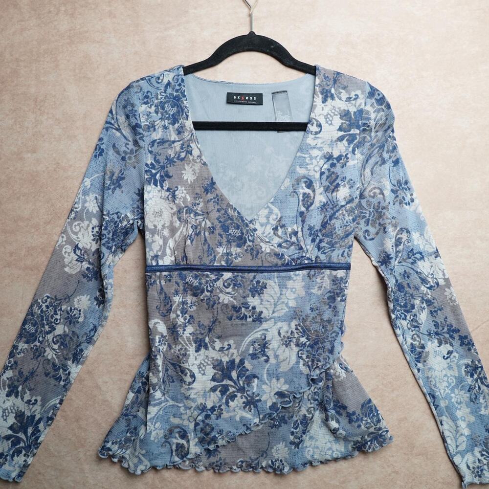 Axcess Blue Floral Mesh Wrap Top Large Y2K